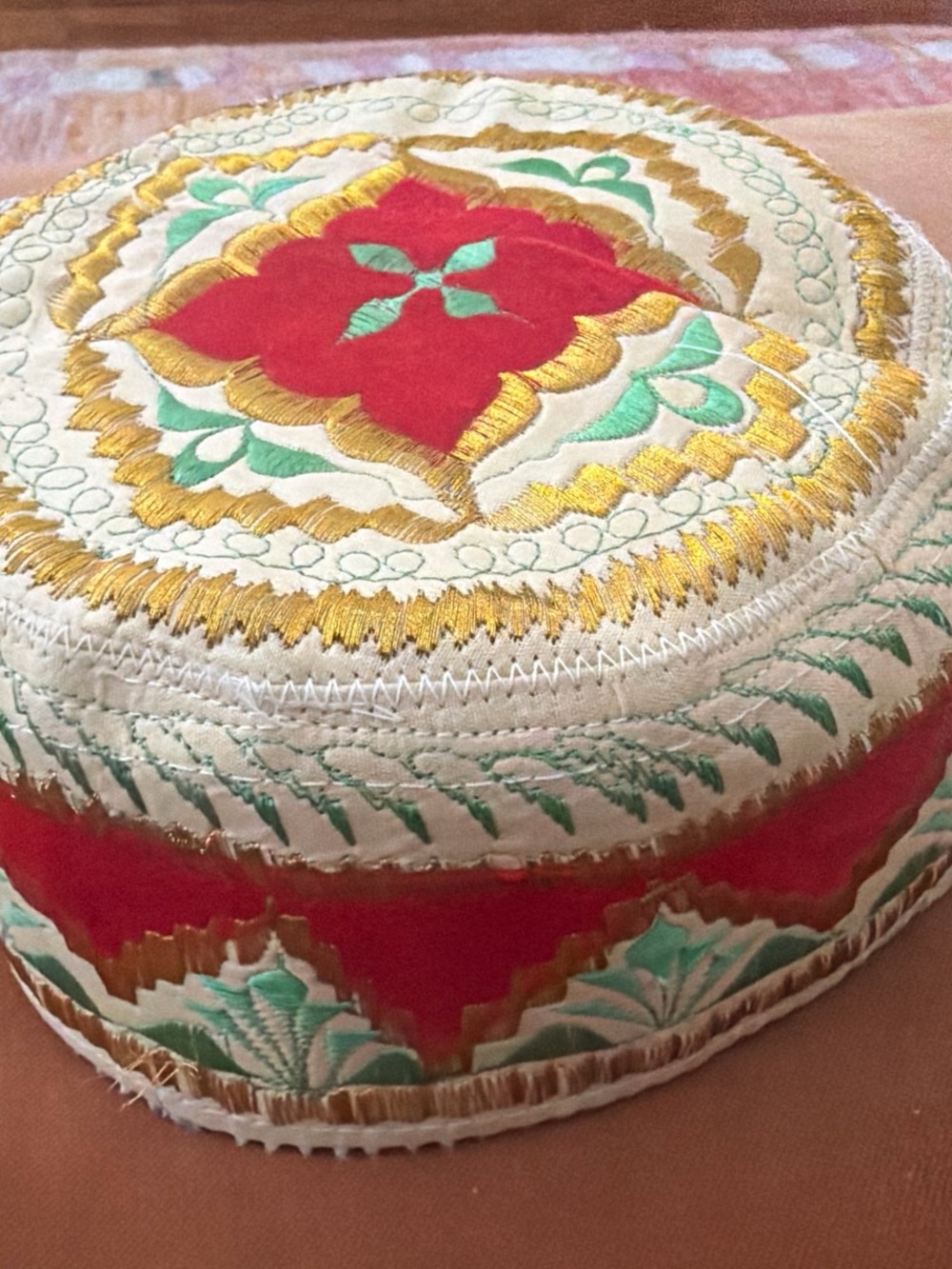Embroidered Round Decorative Box - Red, Gold & Mint